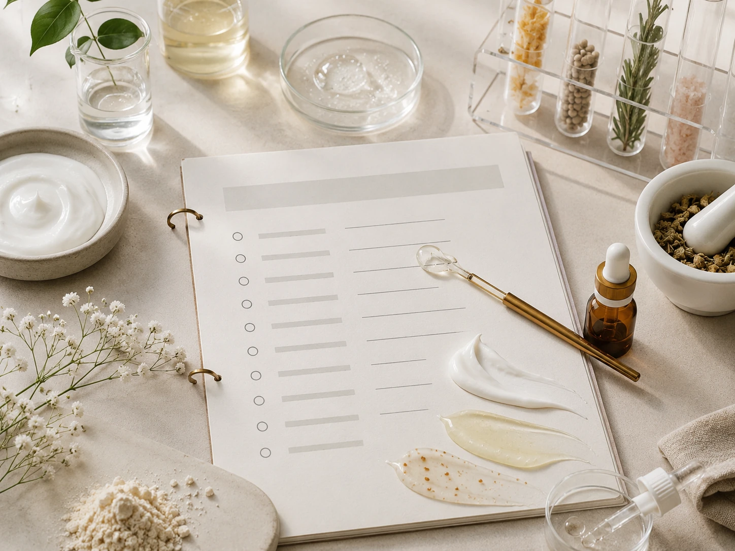 Composición de laboratorio cosmético con fórmulas y texturas