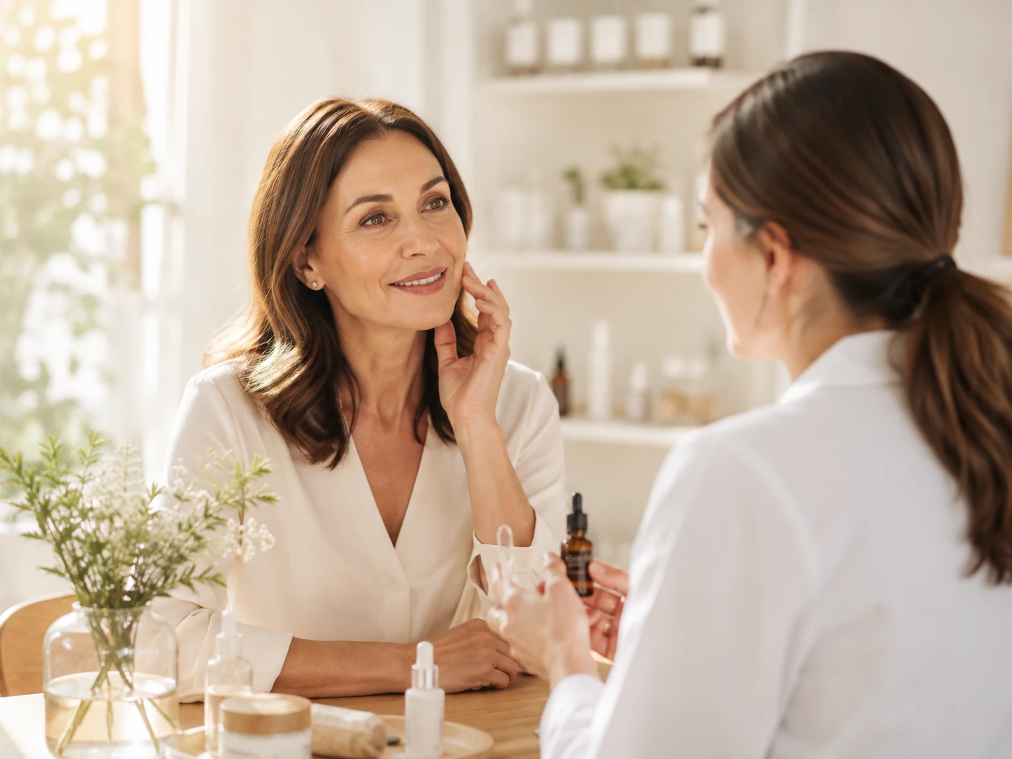 Escena de confianza y asesoramiento sobre cuidado facial