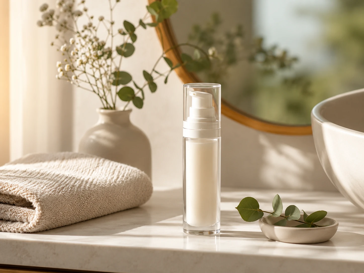 Escena de baño luminosa con productos de cuidado facial