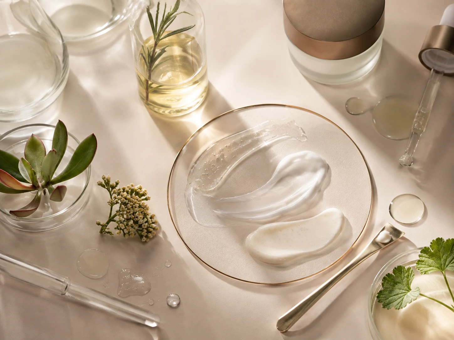 Composición cosmética con textura, ingredientes y elementos de cuidado facial